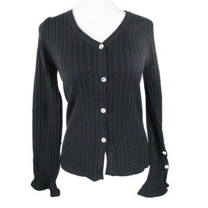 Black Ribbed Button Up Knit Cardigan M commense Long Flared Sleeves 23-280